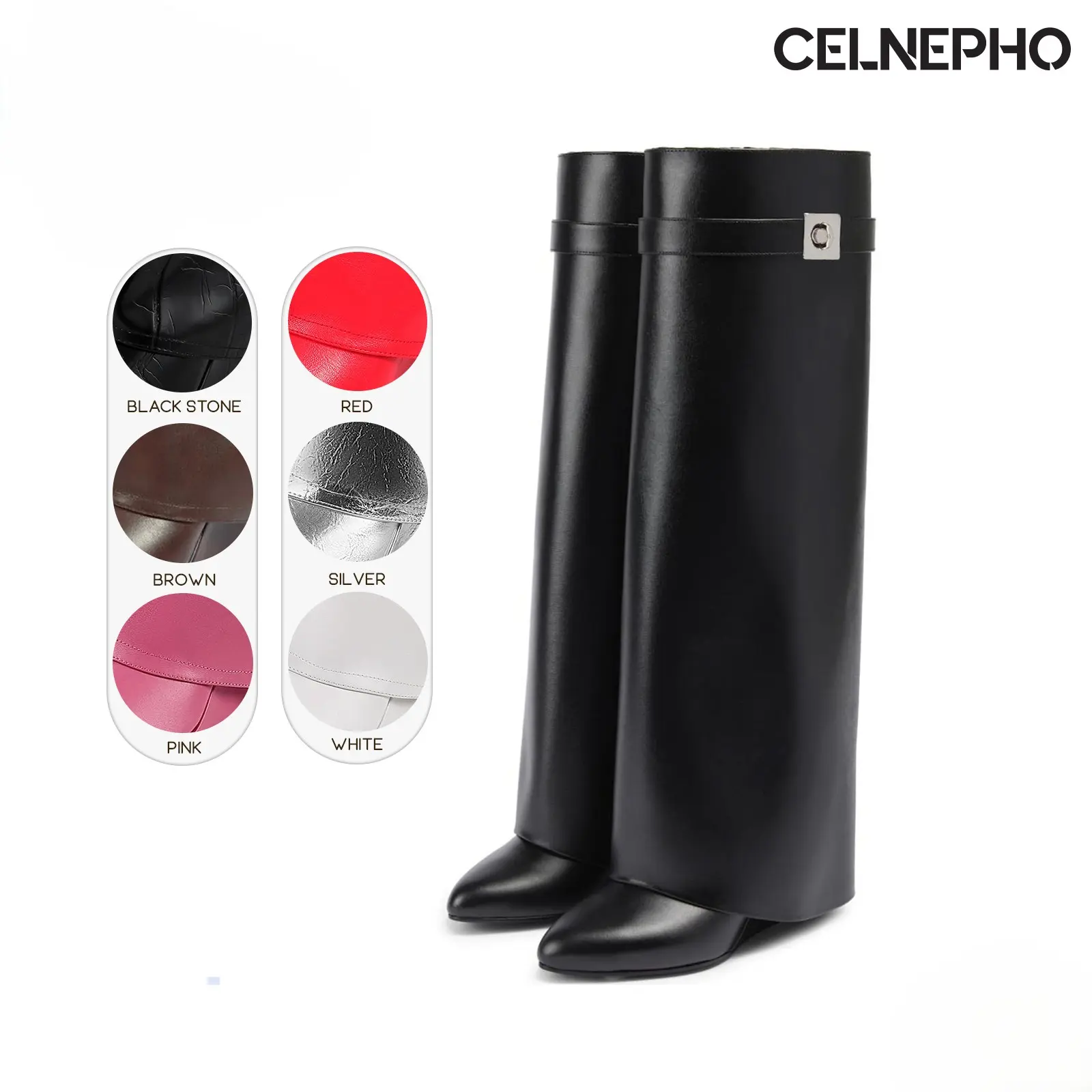 CELNEPHO Fashion Boots for Women Pointed Toe Knee High Shark Boot Covered Wedge Heel Wide Calf Easy Pull on Fold Over Booties Party Date Gift Casual Summer Wear Trendy Dress Shoes