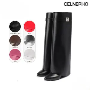 CELNEPHO Fashion Boots for Women Pointed Toe Knee High Shark Boot Covered Wedge Heel Wide Calf Easy Pull on Fold Over Booties Party Date Gift Casual Summer Wear Trendy Dress Shoes
