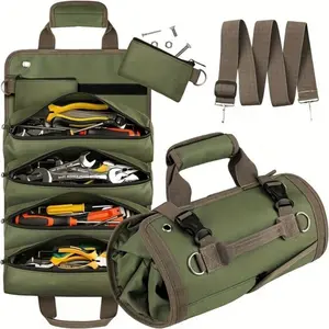 Heavy-Duty Canvas Roll-Up Tool Organizer Pouch, Electrician Tool Bag with Belt Loop for Wrench, Screwdriver, Socket Storage in Car, Garage