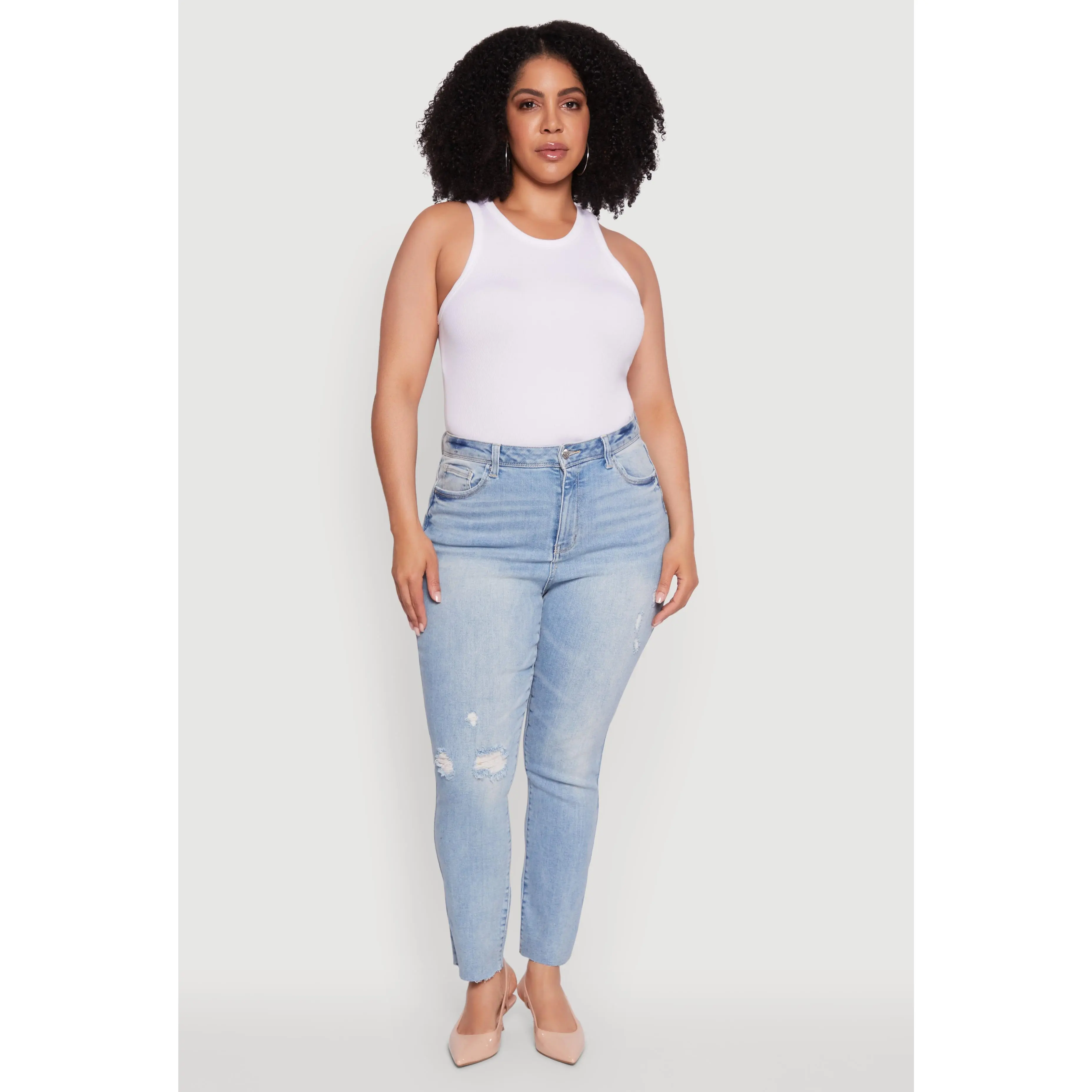 Plus Size Trendy High Waisted Distressed Whiskered Jeans