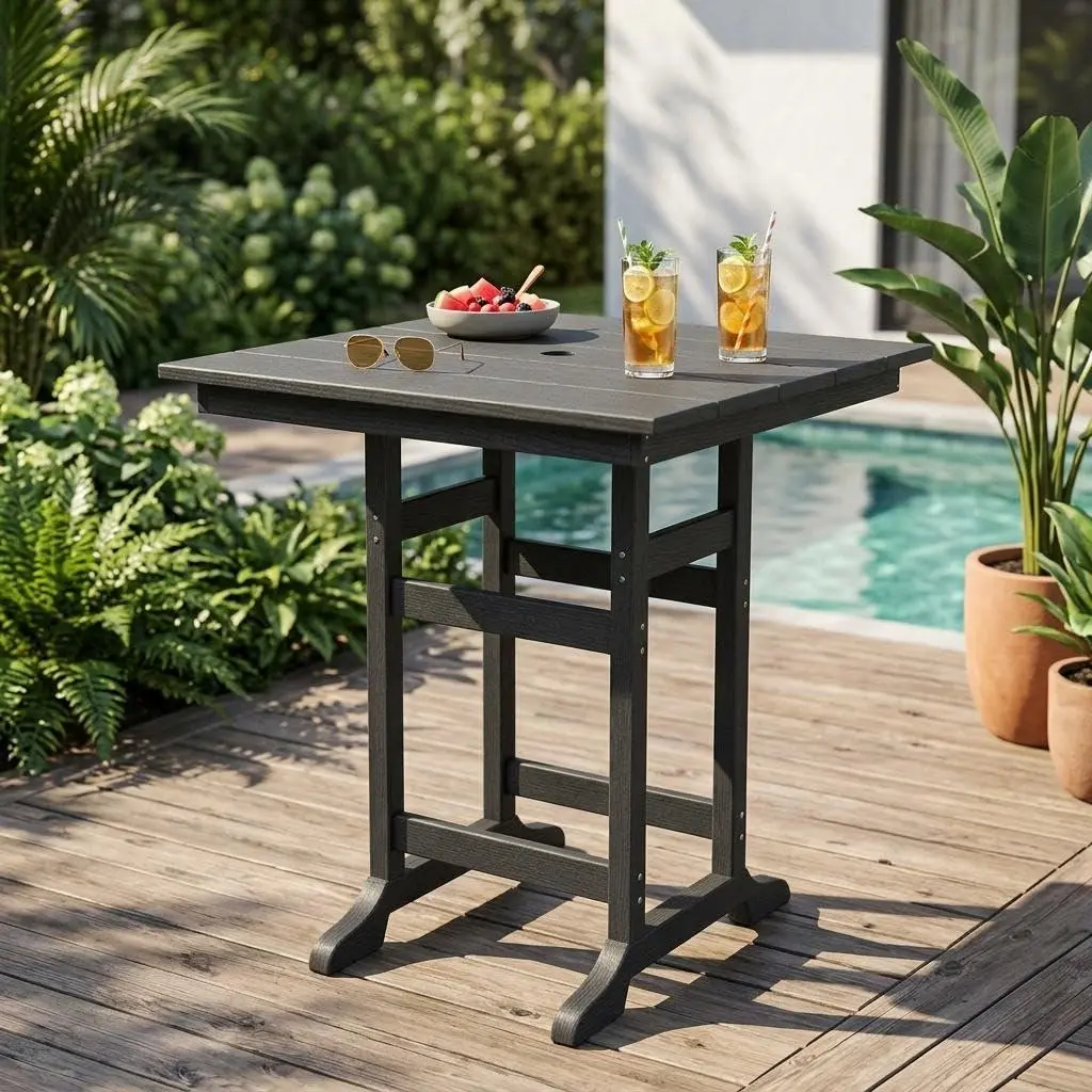 GARVEE Adirondack Outdoor Bar Table, 31.5" Square Bar Height Patio Table with Umbrella Hole, All-Weather HDPE High Top Table, 300 LBS Capacity for Deck, Balcony, Outdoor Bar and Cafe, Dark Grey