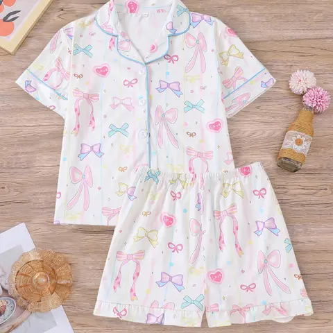 Girl's Bow Print Top & Shorts Pyjama Sets, Cute Casual Comfy Short Sleeve Top & Shorts Set, Kids Sleepwear for Summer, Collared Pajama Set, Pajamas