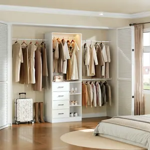 HOOBRO LED Closet Organizer System with 3 Adjustable Hang Rods, Wall Mounted Bedroom Closet with LED Light Strip, 4 Drawers & 4 Open Compartments for Walk-in Closet, White WW75DLY01#SpringSale #BigSpringSale