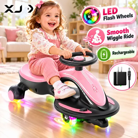 [XJD] 12V Electric Wiggle Car for Kids, 2-in-1 Rechargeable Ride-On Toy with Colorful Light-Up Wheels, Fun Gift for Boys and Girls