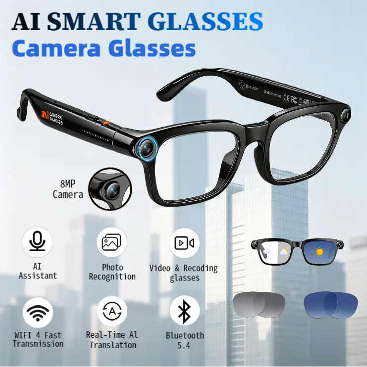 Wearable Smart AI Camera Glasses with 8MP Photochromic Lenses, Bluetooth Audio, Hands-Free Recording, Button Touch Adjustment for Travel, Outdoor Use