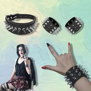 3PCS Gothic Punk Rock Emo Faux Leather Metal Spike Bracelet and Choker Necklace Set - Heavy Duty Studded Cuff Bangle with Spiked Collar,Edgy 80s 90s Retro Style for Women Men,Valentine'S Day, Casual Attire Costume Accessories