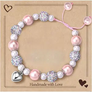 CASSIECA Adjustable Pink Pearl Beads & CZ Ball Bracelet with Heart Charm, 15-25cm Stainless Steel Beads Bracelet, Daily Fashion Accessory, Birthday Gift for Women SummerVibes