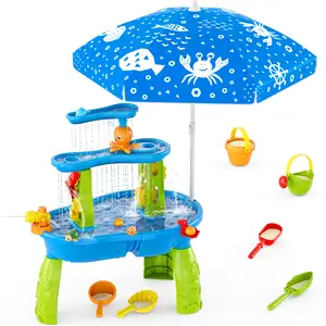 3-Tier Toddler Water Table Summer Showers Splash Tower with Umbrella, Indoor Outdoor Sensory Water Toys for Kids, Holiday Gift for Boys & Girls Summervibes outdoorfun