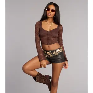 Flirty Edge Studded Trim Lace Long Sleeve Top