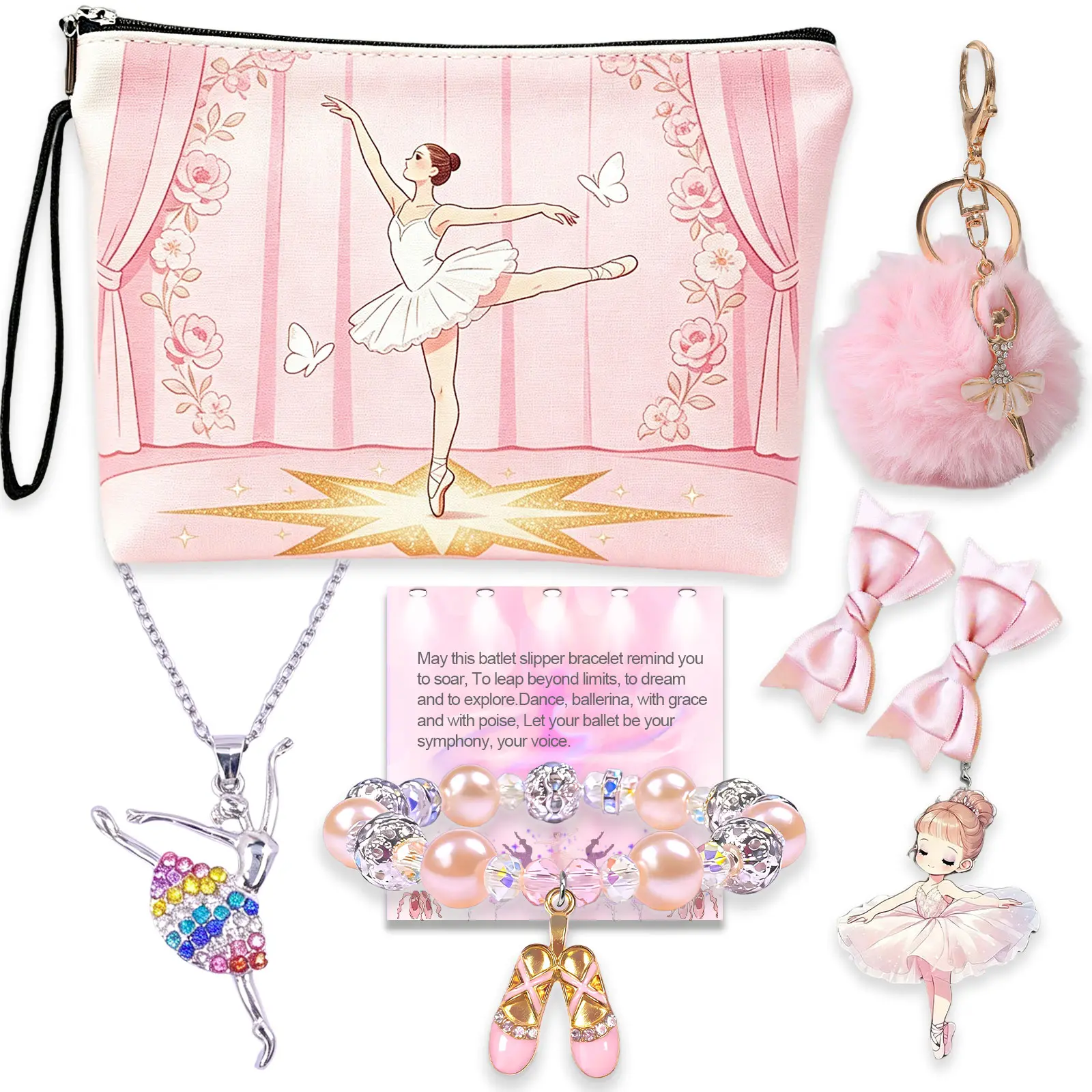 Ballet Dance Recital Gift Set, Ballerina Gifts with Ballet Bracele Necklace Jewelry, Dance Makeup Bag, Keychain & Inspirational Card