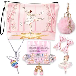 Ballet Dance Recital Gift Set, Ballerina Gifts with Ballet Bracele Necklace Jewelry, Dance Makeup Bag, Keychain & Inspirational Card
