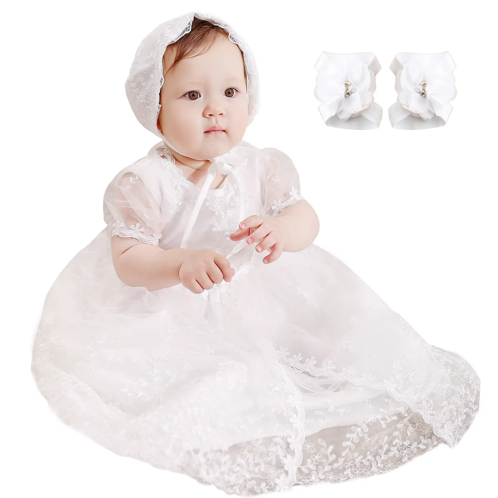 Elegant White Lace Baptism Dress for Baby Girl | Christening Gown with Bonnet & Foot Flower Set Infant Formal Outfit