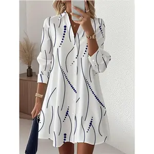 Women's Elegant Button-Up Shirt Dress - Long-Sleeve Collared Top, Suitable for Office to Party, Machine Washable, Fall/Winter Daily and Formal Wear, Non-See-Through Fabric, Polka Dot Print, Durable Material, Commuting Outfit for Fashion Enthusiasts