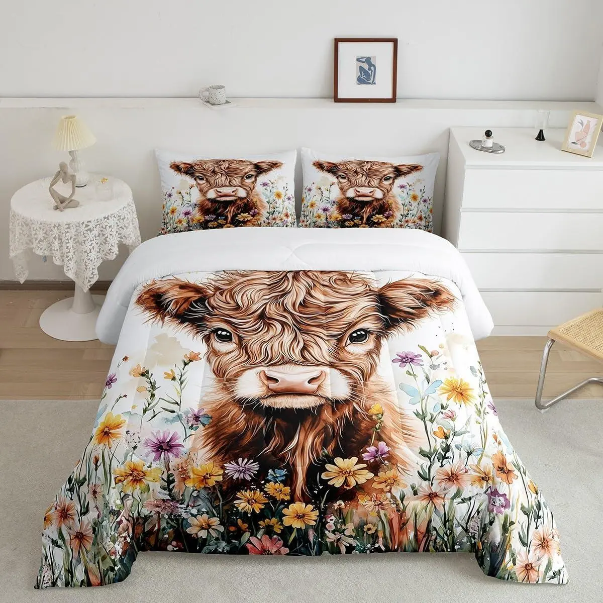 Highland Cow Comforter Set Highland Cattle Bedding Set Animal Floral Comforter Breathable Western Decor Duvet Set Farmhouse Quilt Set
