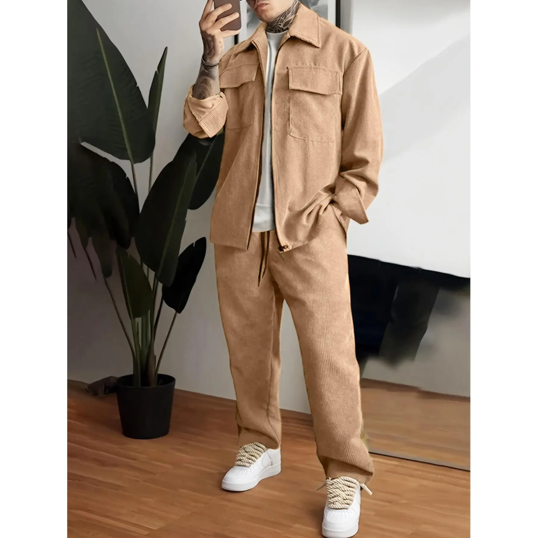 Men's 2-Piece Woven Tracksuit Set, Casual Solid Color Outfit with Lapel Zip-Up Jacket and Drawstring Pants for Hiking, Birthday, Outdoor Sport Jacket, Machine Washable, Male, Black, Standard Sizes, Dry Clean