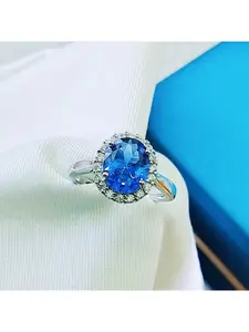 Artificial colored sapphire blue pointed crystal open women's ring, fashionable and adjustable ruby ring, high-end women's accessory