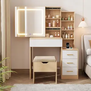 Garvee Vanity Desk with Mirror and Lights, Vanity Table and Chair Set with 4 Drawers and Charging Station, Dresser LED Sliding Mirror, Natural+White