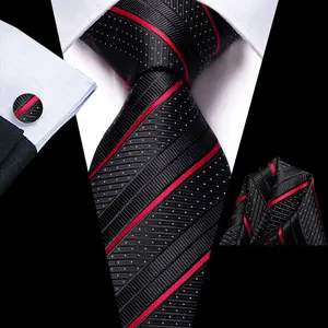Hi-Tie Striped Black Red Gold Green Silk Wedding Tie For Men Handky Cufflink Gift Men Necktie Fashion Designer Business Party