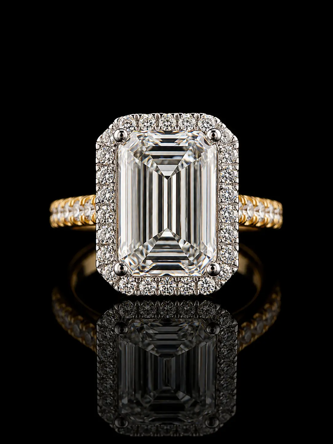 S9 Model Emerald Cut IGI Certified F-VVS2 Grade Lab Diamond Engagement Ring with Diamond Halo, 10K Gold