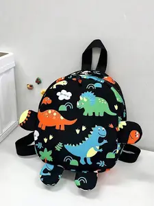 Cartoon Dinosaur Mini School Bag - Black Backpack with Multicolor Dino Print, Green/Yellow/Blue Dinosaur Arms, Black Top Handle, Cute and Funny Shoulder Bag for School, Travel, and Outdoor Activities