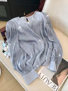 【Plus Size】 Rhinestone Decor Fringe Trim Crop Blouse, Elegant Long Sleeve Fitted Top for Daily Outdoor Wear, Women Plus Clothing for All Seasons, Shirts