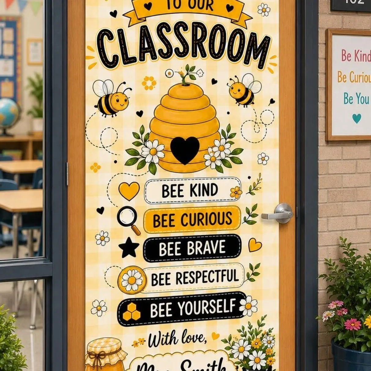 Custom Bee Classroom Door Cover, Personalized Welcome Sign, Bee Kind School Decor