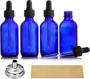 4 Pack, 2 oz Dropper Bottles with 1 Funnel & 4 Labels - 60ml Thick Dark Blue Glass Tincture Bottles with Eye Droppers - Leakproof Essential Oils Bottle for , Personal Care & Beauty