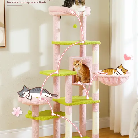 PAWZ Road 59-Inch Natural Cactus-Flower Style Multi-Level Cat Tower - Tall Condo for Large Indoor Cats with Large Hammock, Sisal Scratching Post, 2 Perches, Crawling Ladder, Diverse Play & Rest Spots, Home Decor Fit, Easy Assembly#DealsForYouDays