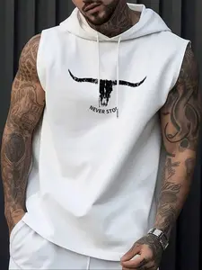 Men's Regular Fit Bull Head Print Casual Drawstring Hooded Tank Top, Casual Street Letter Graphic Sleeveless Top for Summer, Fashion Men's Top for Daily Wear, Casual Streetwear, Sweatshirts