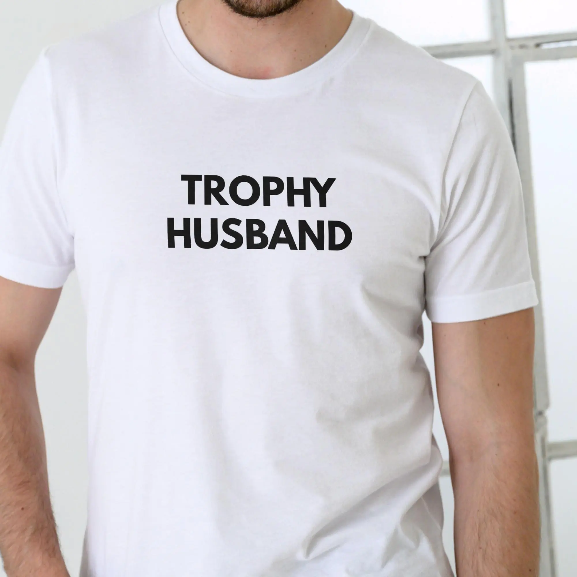Men's Crew Neck Short-Sleeve Cotton Tshirt - Casual Menswear Top with Simple Stylish Unisex Cut, Medium Length, Breathable Cloth, Trophy Husband Print