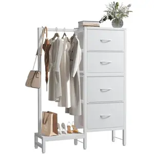 4-in-1 Storage Tower with Hanging Rack, Clothes Rack, Shoe Rack and Bag Hook, Tall Organizer with 4 Fabric Drawers, Sturdy Metal Frame for Bedroom Entryway Living Room Closet