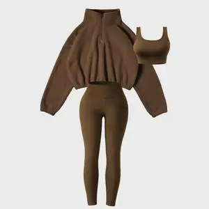 3-piece Set Sports Outfit For Women, Soft Knit Fabric, High-Waisted Pants And Sports Bra, Half-Zip Plush Jacket, Fitness Set For Fall & Winter(NO Accessories)