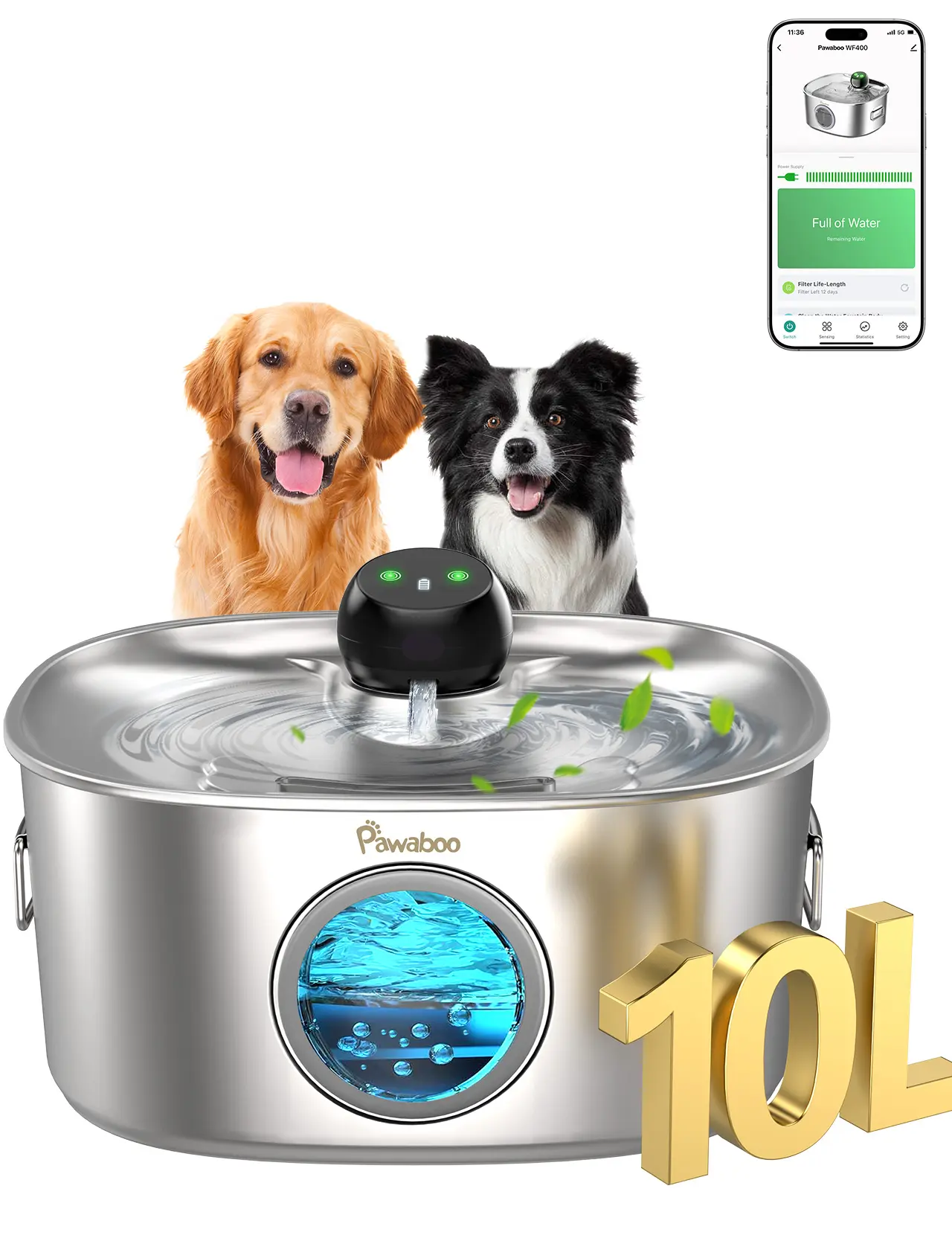 Dog Water Fountain for Large Dogs, App Remote Control & WiFi Monitoring, 10L Stainless Steel Pet Water Dispenser with Visible Water Window, Triple Filtration & Wider Drinking Area for Large Dogs & Multi-Pet