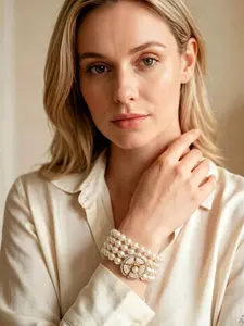A vintage and elegant multi-layered pearl bracelet, adorned with central camellia and diamond accents that complement the pearls, perfect for daily commuting, vacation, and dating. It is also a delightful and exquisite small gift