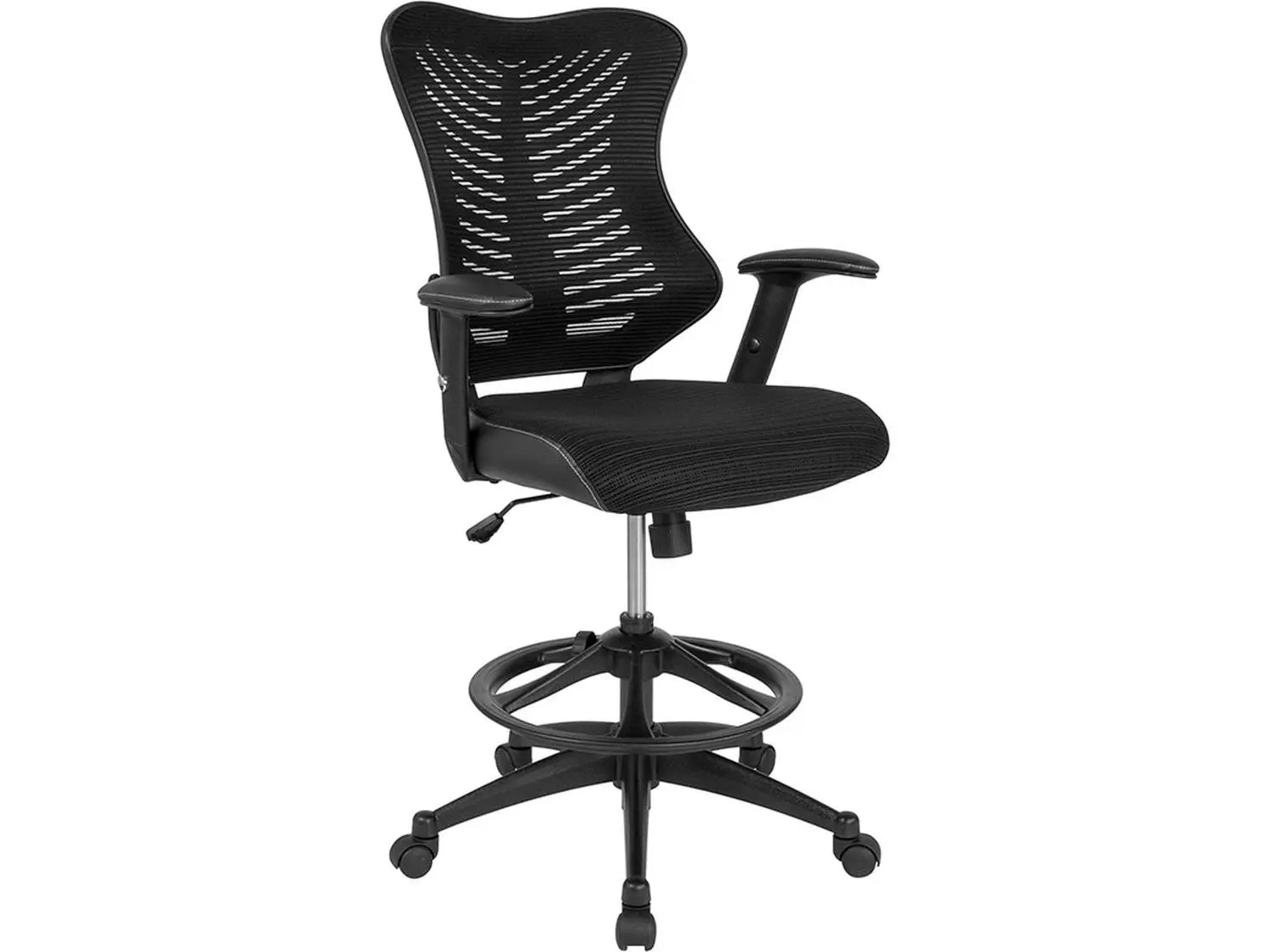 Flash Furniture BL-LB-8816D-GG High Back Designer Black Mesh Drafting Chair with Leather Sides, Adjustable Arms, Plastic Accents, 47 lbs Weight Capacity, 21 in. Back Width, Built-In Lumbar Support, Butterfly Style