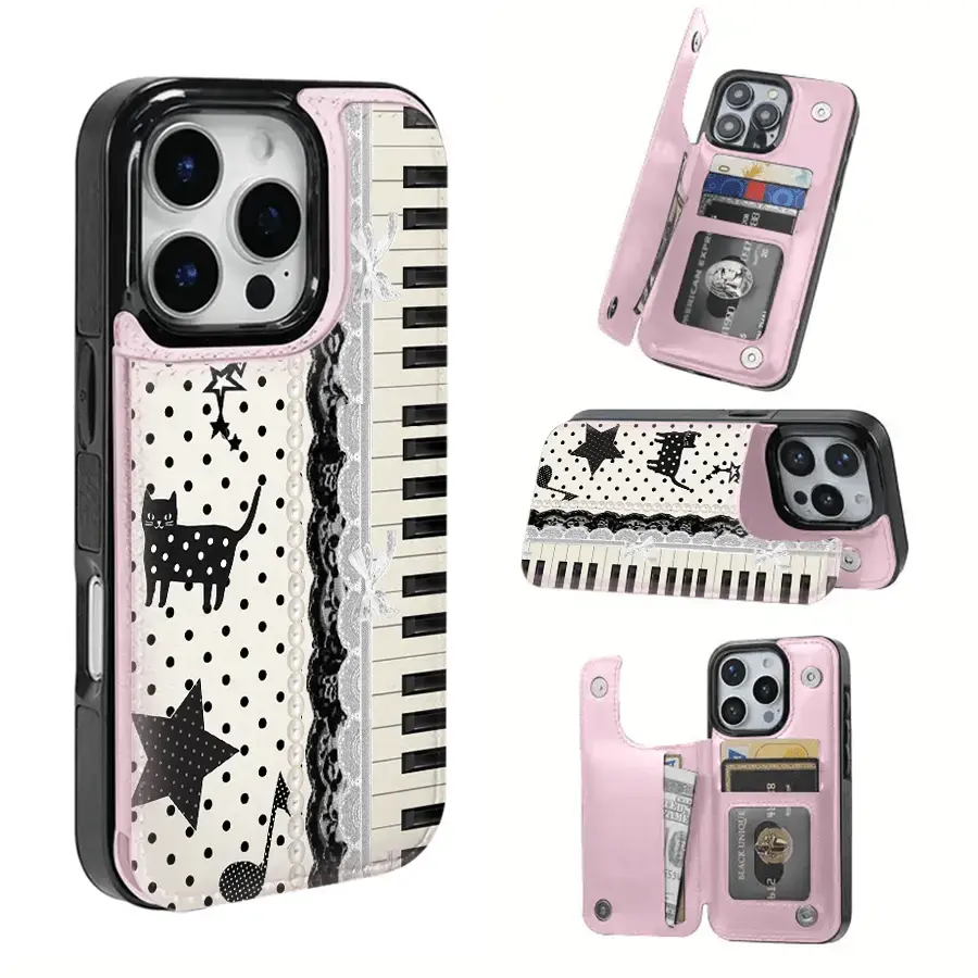 Mobile Phone Case with Piano, Star, Cat & Music Note Textures, Card Slots, Pro Max Fit for iPhone 17/16/15/14/13/12/11 Series, Gift Ideas, Iphone Series