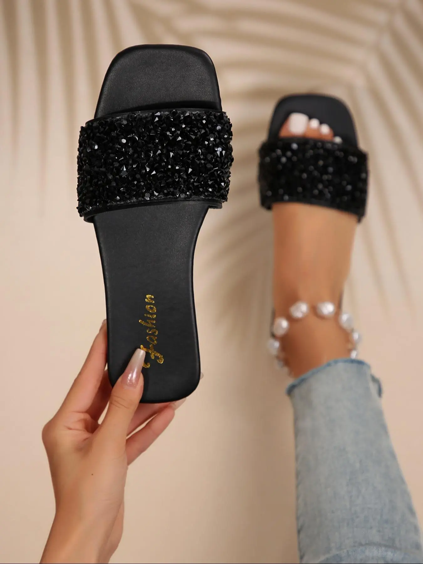 Women's Rhinestone Decorated Slide Sandals, Casual Slippers, Casual Summer Sandals, Comfortable Flat Sandals for Beach Vacation, Fashionable Shoes for Daily Wear, Glitter Decorated Sandals, Beach Slides Sandals, Crystal Slides