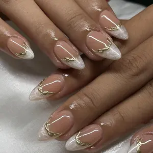 Almond 3D Gold Gilded Decor Fake Nail, 24pcs French Pressed on Nails with Nail File & Tape, Removable and Reusable False Nails for Women & Girls
