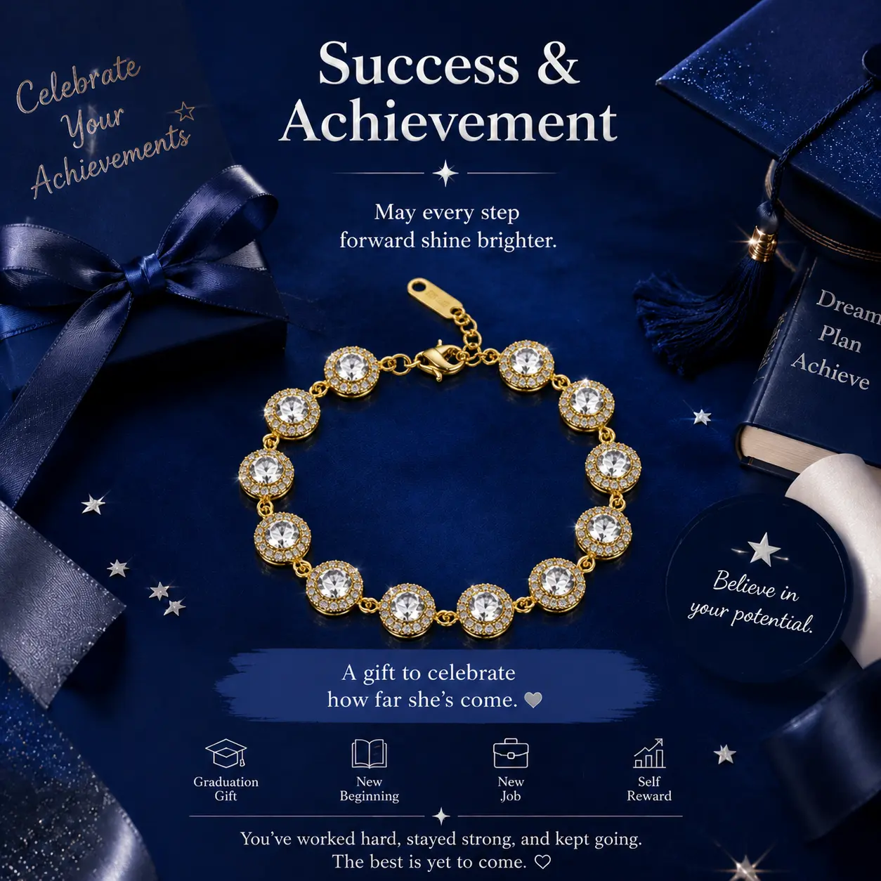 18K Gold Plating Success Bracelet for Women, Crystal Round Charm Bracelet, Graduation Gift, Inspirational Jewelry Gift for Her, Everyday Sparkle Bracelet