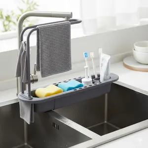 Adjustable Expanding Sink Drying Rack; no-install kitchen organizer, Sponge & Towel Holder, Countertop Drying mat, Mold-resistant Drainer, Multipurpose Adjustable Dish Drain Basket