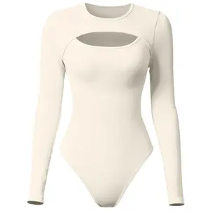 Round Neck Cut Out Long Sleeve Ribbed Bodysuit Fabric Jersey plain elegant