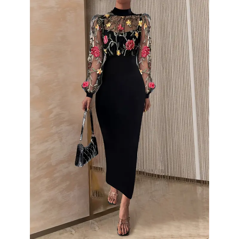 Women'S Elegant Floral Embroidery Sheer Mesh Long Sleeve Dress - and Collar  Bodycon Midi Party Clubwear with