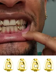 4Pcs Women's Teeth Grillz Set, 14k Plated Copper Material, Hip Hop Fashion Jewelry, Smooth Hollow Top & Bottom Design