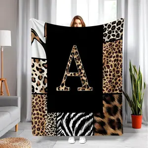 Leopard Letter A-Z Throw Blanket Black Brown African Wildlife Flannel for Women Men Adults Cheetah Zebra Skin Print Bed Blanket Living Room Couch