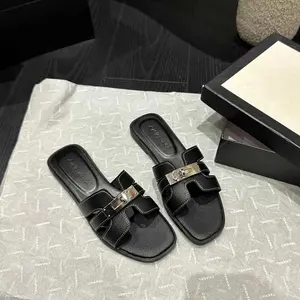 Women's Square Toe Flat Slide Sandals with Metallic Buckle Accent - 3 Classic Colors for Summer Casual & Daily Wear