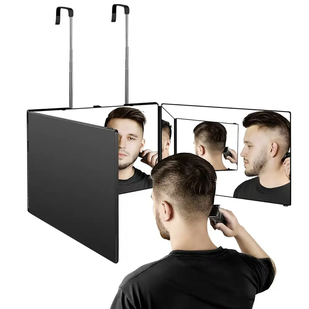 Tri Fold 3 Way Self Haircut Mirror, Door Hanging Barber Mirror with Telescopic Hooks, Helps You See the Back of Head While Cutting Hair, Portable Foldable Mirror for At Home DIY Haircuts.
