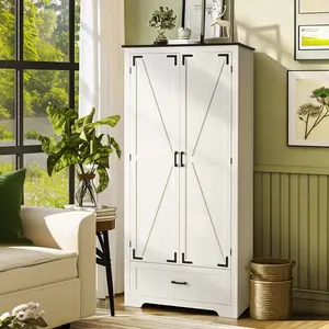 【Springtok】Pamapic 71" Tall Kitchen Pantry Cabinet,Farmhouse Kitchen Pantry,Large Wooden Storage Cabinet with Drawers & Shelves,Wood Kitchen Storage Cabinets with 2 Barn Doors for Kitchen, Dining Room,White