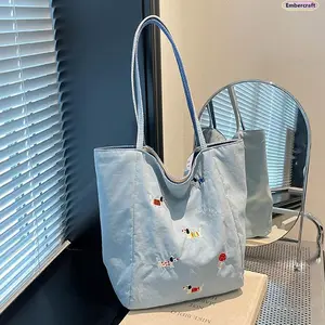Embroidered Dachshund Tote Bag for Women, Cute Striped Canvas Shoulder Bag with Large Capacity Storage, Cozy Aesthetic Everyday Carry for Campus, Work, Shopping & Weekend Outfits