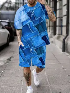 Men's Fashion Denim Patchwork Print Short Sleeve T-Shirt Set, Summer Casual Sport Loose Shorts Two-Piece Set, Geometric Design