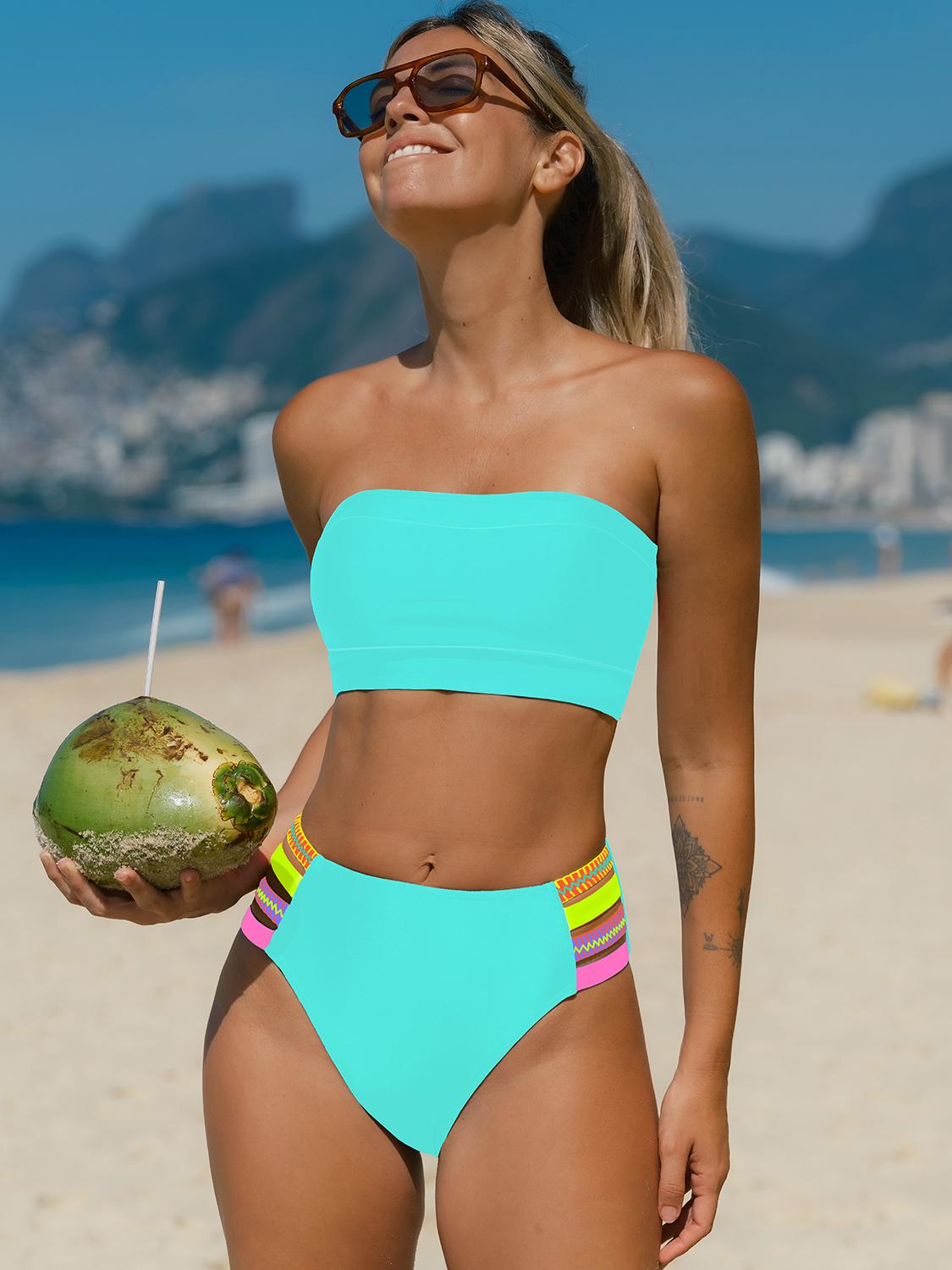 Popvil Bandeau Colorful Strechy Straps Bikini Set, High Waisted Bikini Bottom, Swimsuit with Removable Strap, Neon Bathing Suit